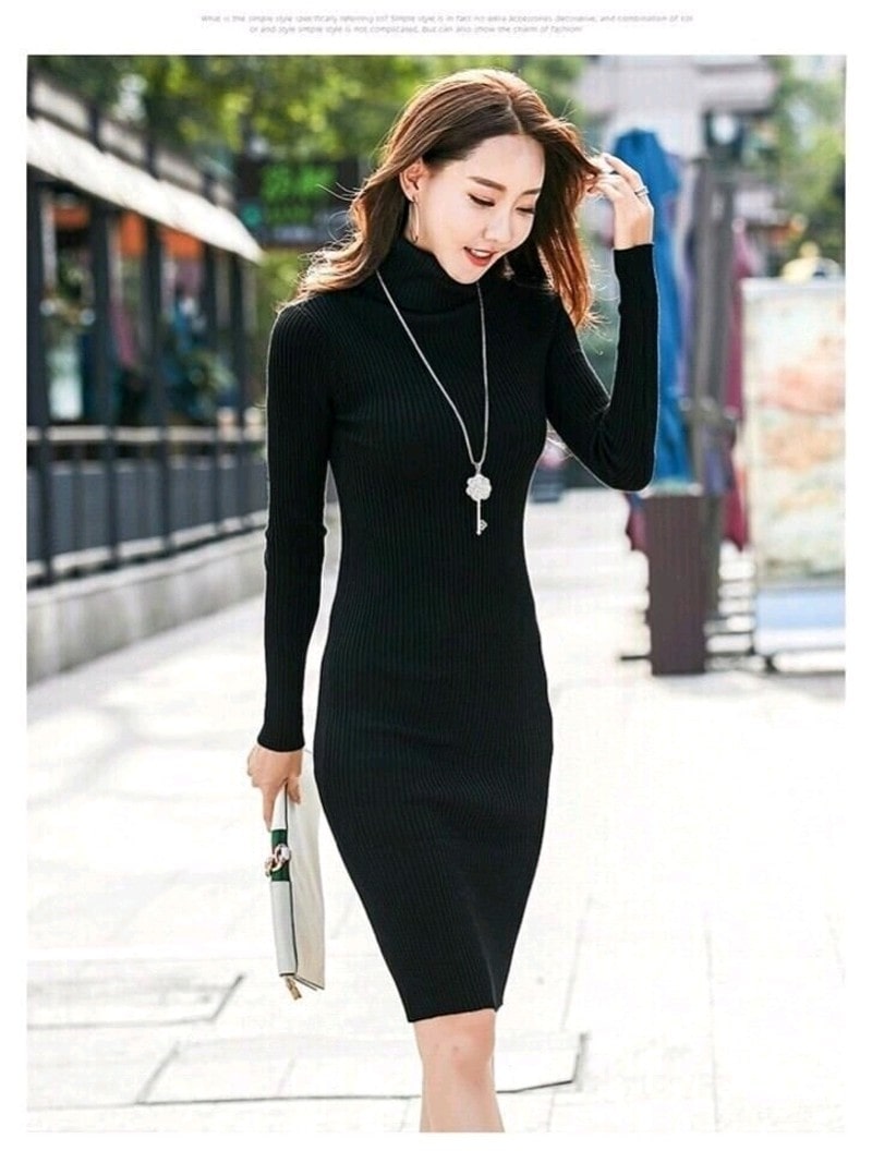 Váy len nữ dáng dài suông đầm len cổ lọ màu đen be nâu basic phom rộng hàng  Quảng Châu cao cấp Style Hàn Quốc  Lazadavn
